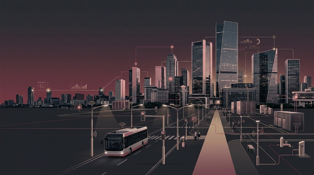 Conceptual illustration of a smart city connected through sensors, data, digital infrastructure, and secure networks